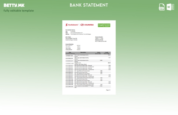 модерен стил Колумбија Scotiabank Colpatria банкарски извод на ексел шаблон